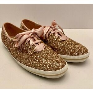 Keds X Kate Spade New York Rose Gold Glitter Sneakers‎ Pink Satin Womens 6.5M